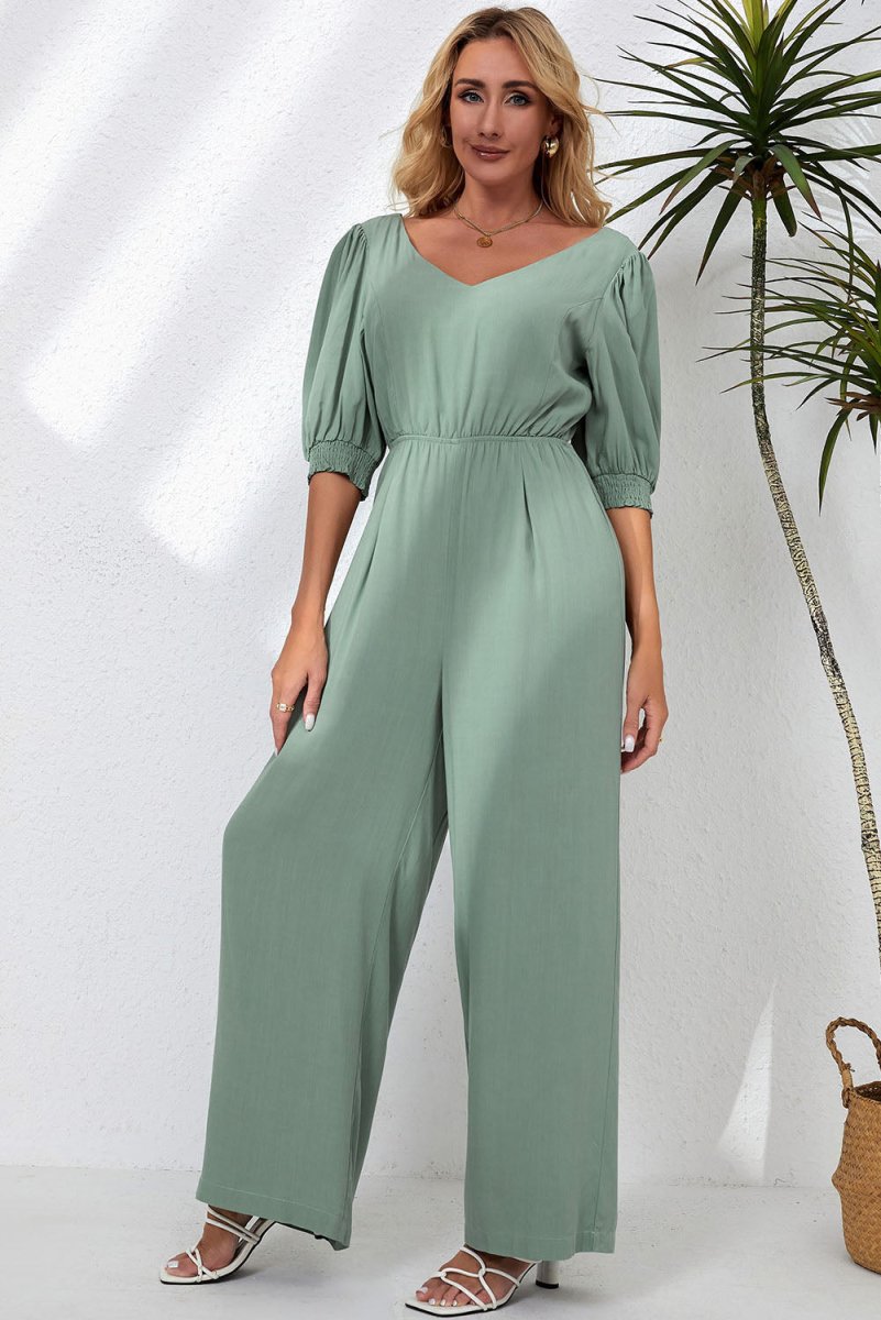 Sage Green Jumpsuit with Half Sleeves V-Neck and Wide Leg #Firefly Lane Boutique1