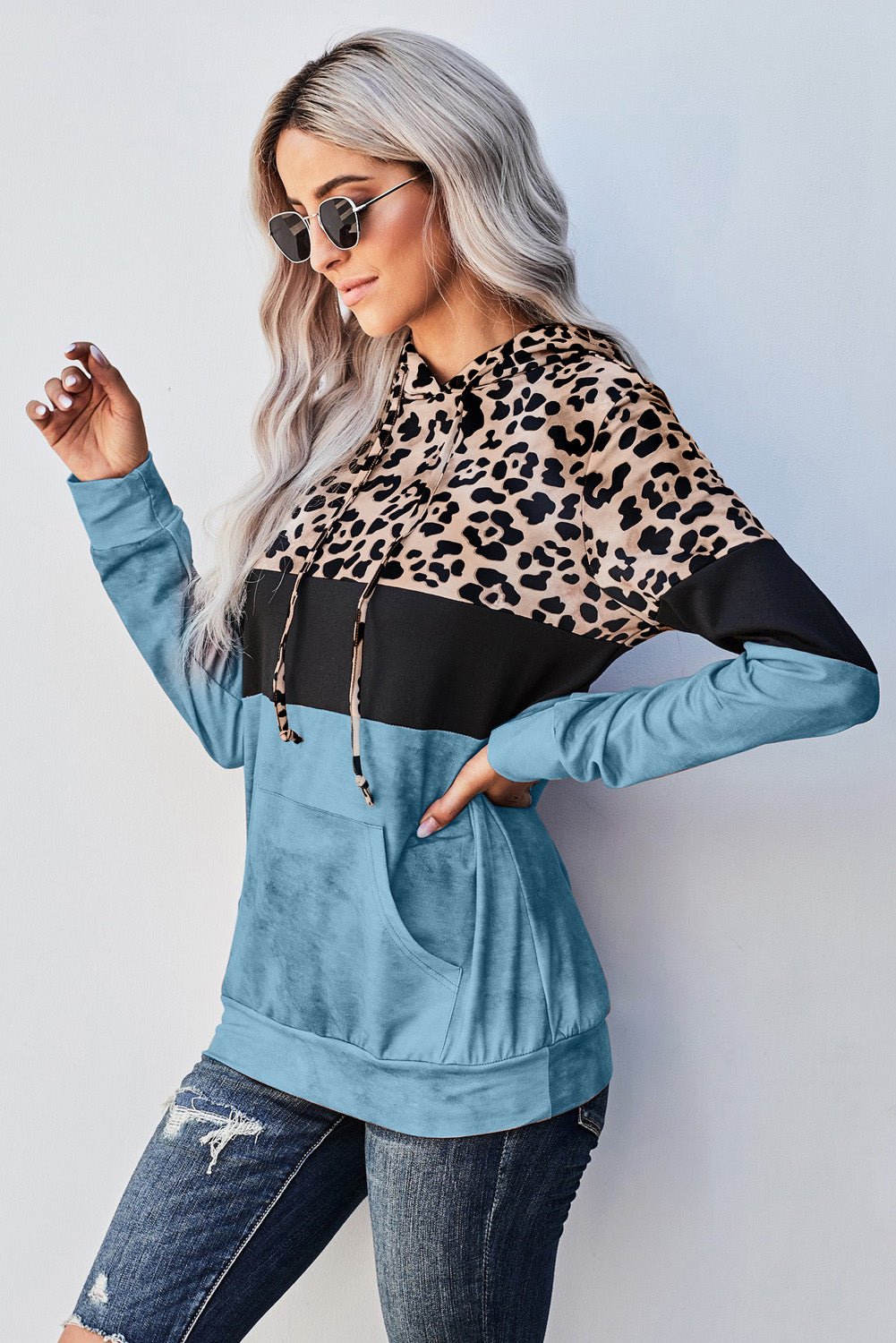 Leopard Color Block Hoodie - blue color block hoodie with leopard print and kangaroo pockets #Firefly Lane Boutique1