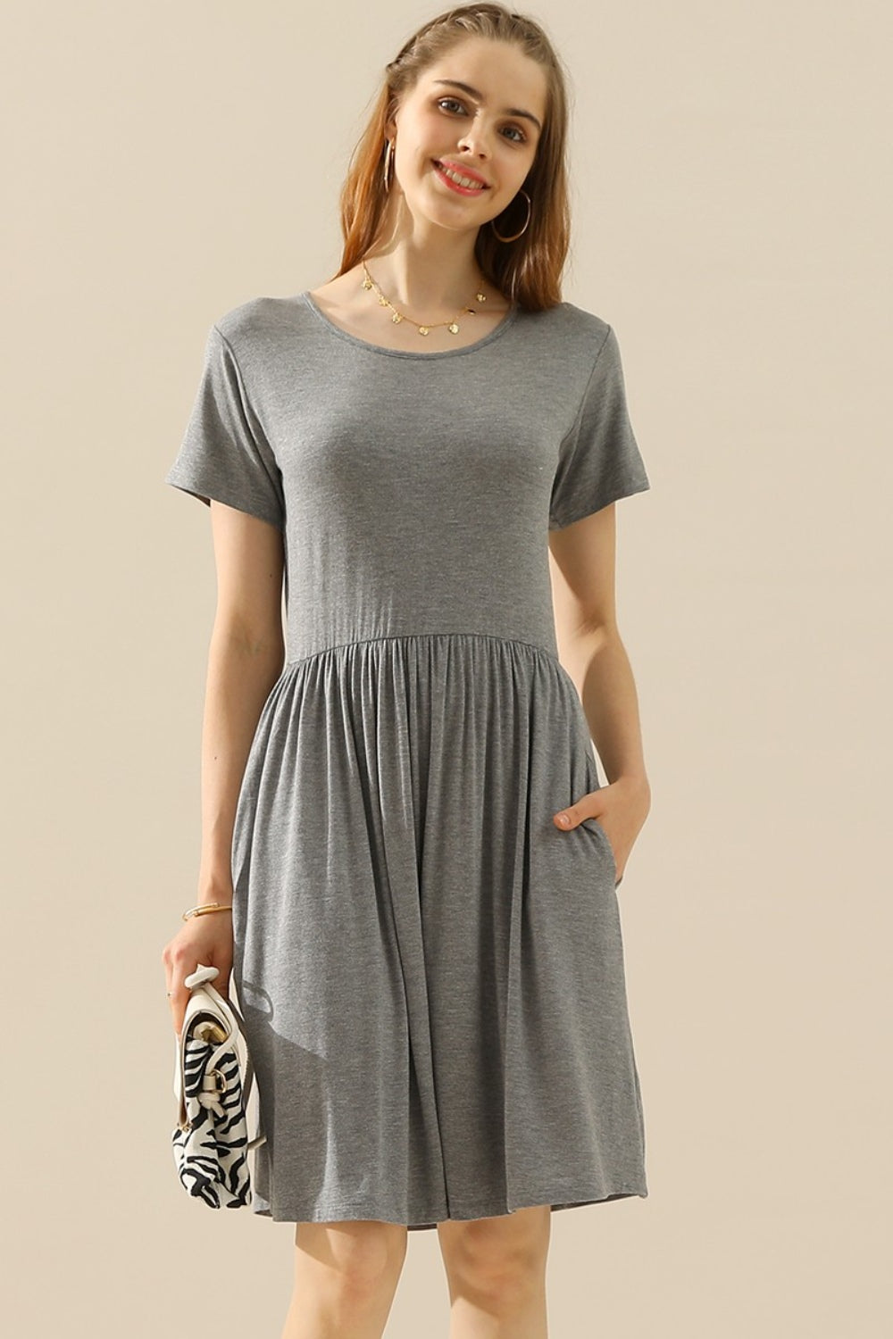 Midi Summer Dress Ruched with Pockets