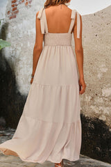 Beige Maxi Dress with Tie Shoulder and Tiered Style #Firefly Lane Boutique1