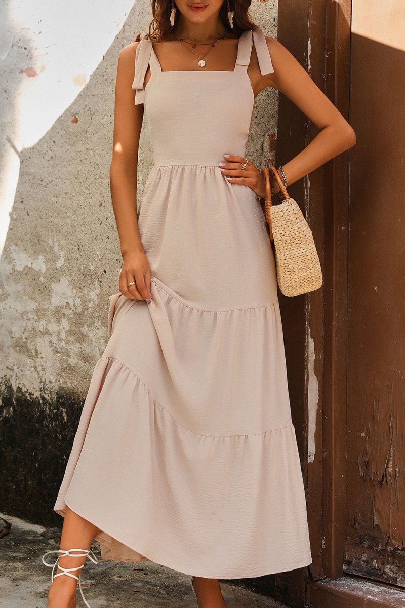 Beige Maxi Dress with Tie Shoulder and Tiered Style #Firefly Lane Boutique1