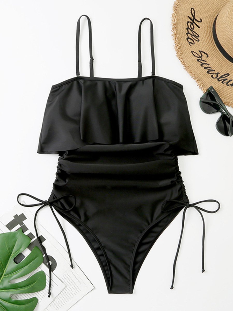 Black Ruffle Swimsuit One Piece with Drawstring #Firefly Lane Boutique1