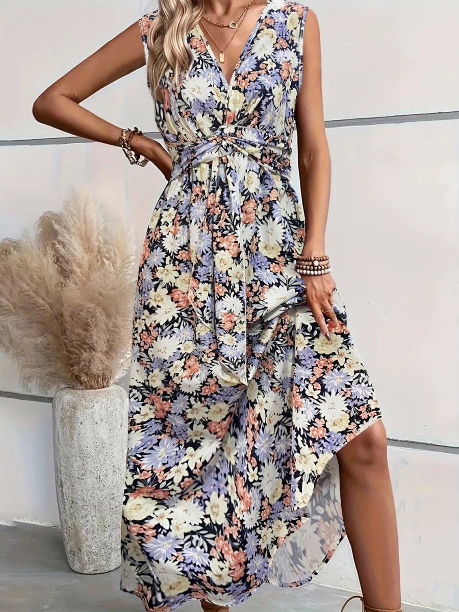 Casual Floral Midi Dress Sleeveless V-neck #Firefly Lane Boutique1