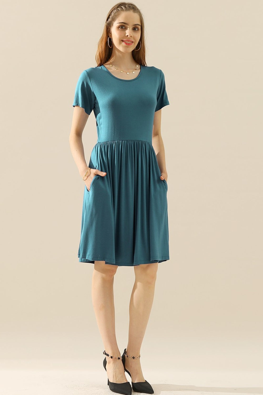 Midi Summer Dress Ruched with Pockets