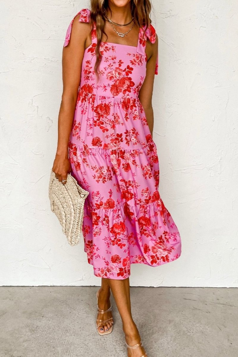 Midi Pink Floral Dress with Tied Shoulders and Tiered Style #Firefly Lane Boutique1