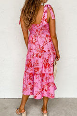 Midi Pink Floral Dress with Tied Shoulders and Tiered Style #Firefly Lane Boutique1