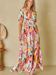 Printed Maxi Dress with Short Sleeves and Slit Leg #Firefly Lane Boutique1