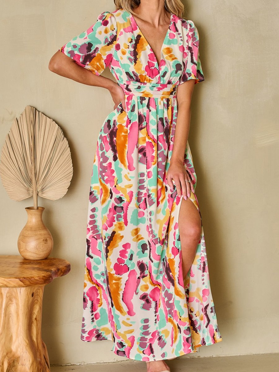 Printed Maxi Dress with Short Sleeves and Slit Leg #Firefly Lane Boutique1