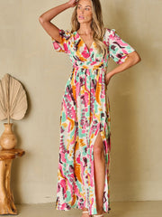 Printed Maxi Dress with Short Sleeves and Slit Leg #Firefly Lane Boutique1