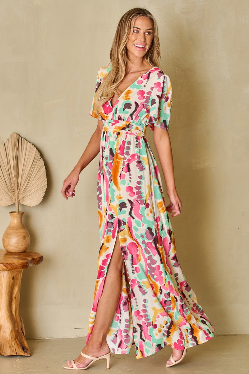 Printed Maxi Dress with Short Sleeves and Slit Leg #Firefly Lane Boutique1