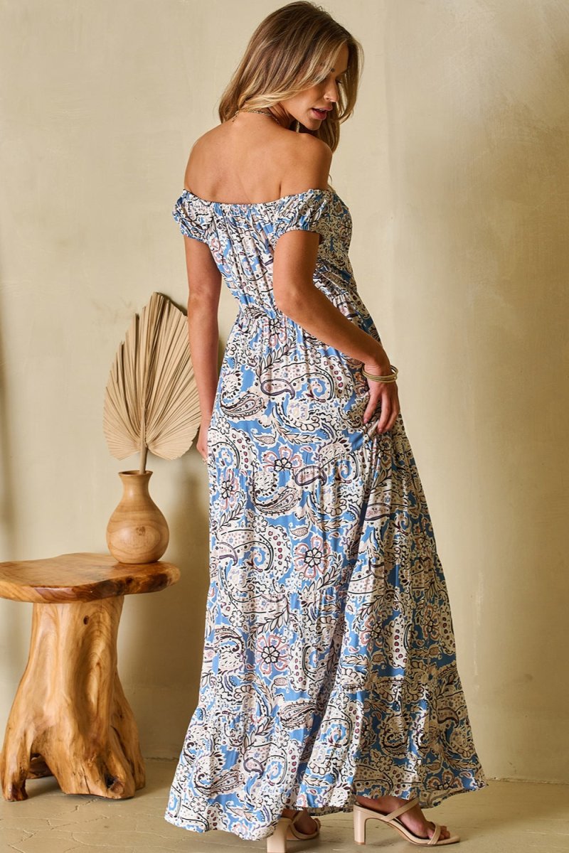 Printed Off The Shoulder Maxi Dress with Short Sleeve #Firefly Lane Boutique1