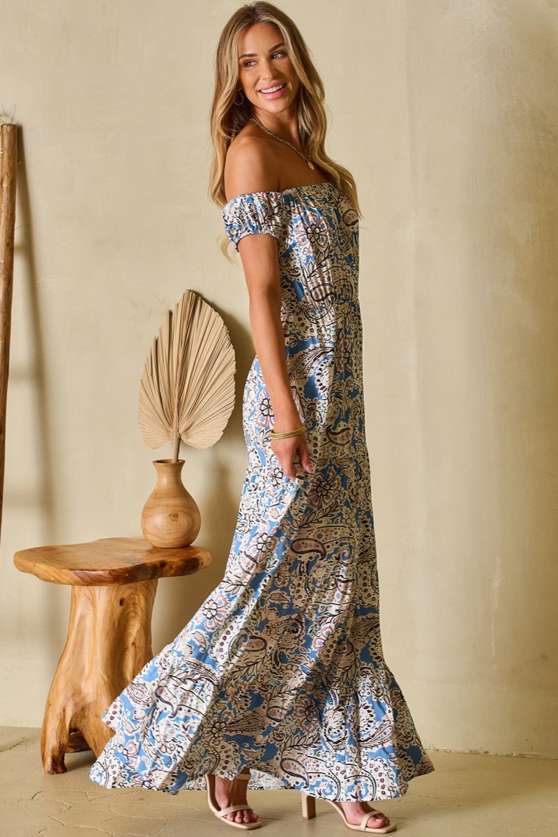 Printed Off The Shoulder Maxi Dress with Short Sleeve #Firefly Lane Boutique1