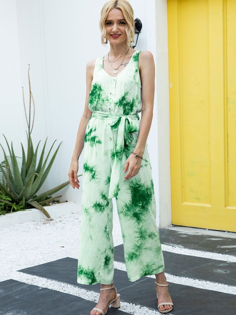 Sleeveless Tie Dye Jumpsuit with Tied Waist #Firefly Lane Boutique1