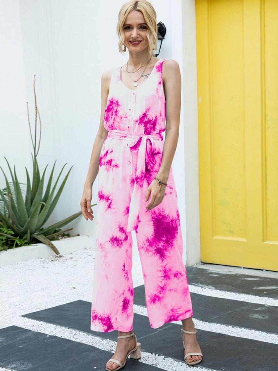 Sleeveless Tie Dye Jumpsuit with Tied Waist #Firefly Lane Boutique1