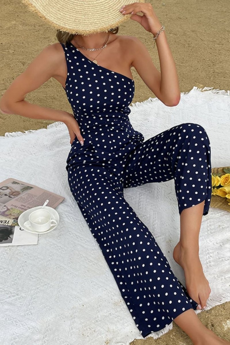 Spot On Style Polka Dot Jumpsuit with One Shoulder #Firefly Lane Boutique1