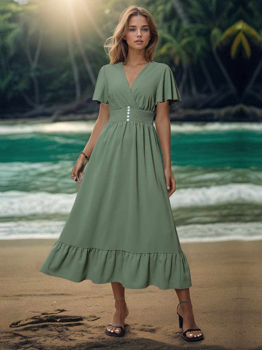 Summer Meadow Green Midi Dress with Short Sleeves #Firefly Lane Boutique1