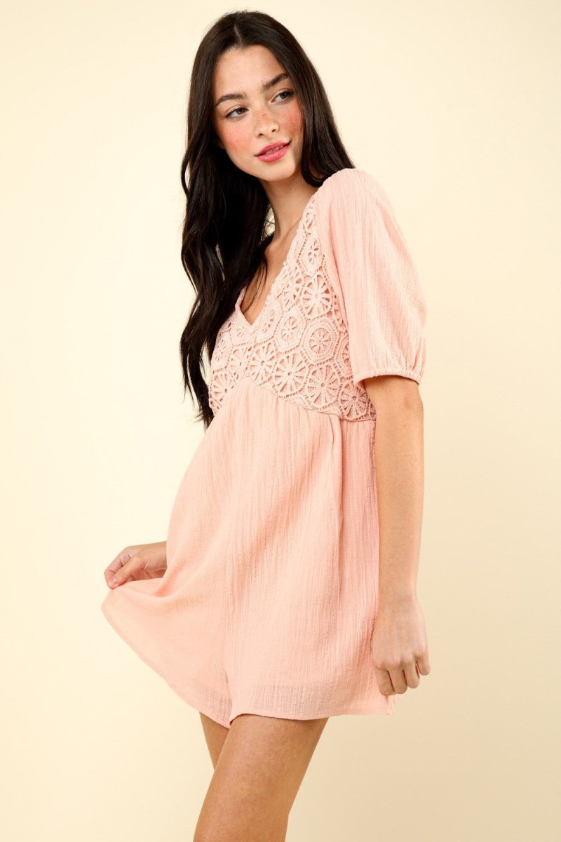 VERY J Lace Detail Puff Sleeve Romper with Pockets #Firefly Lane Boutique1