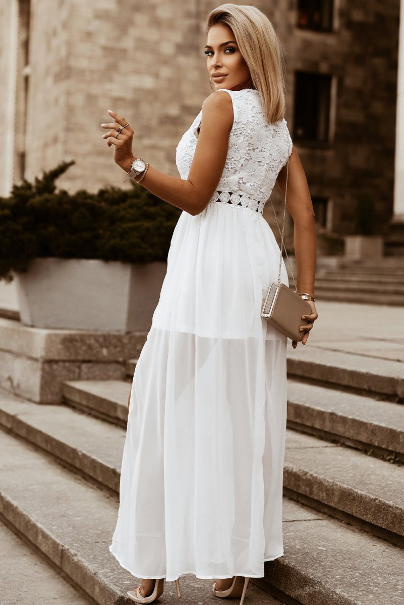 White Maxi Dress Slit Lace Detail V-Neck #Firefly Lane Boutique1