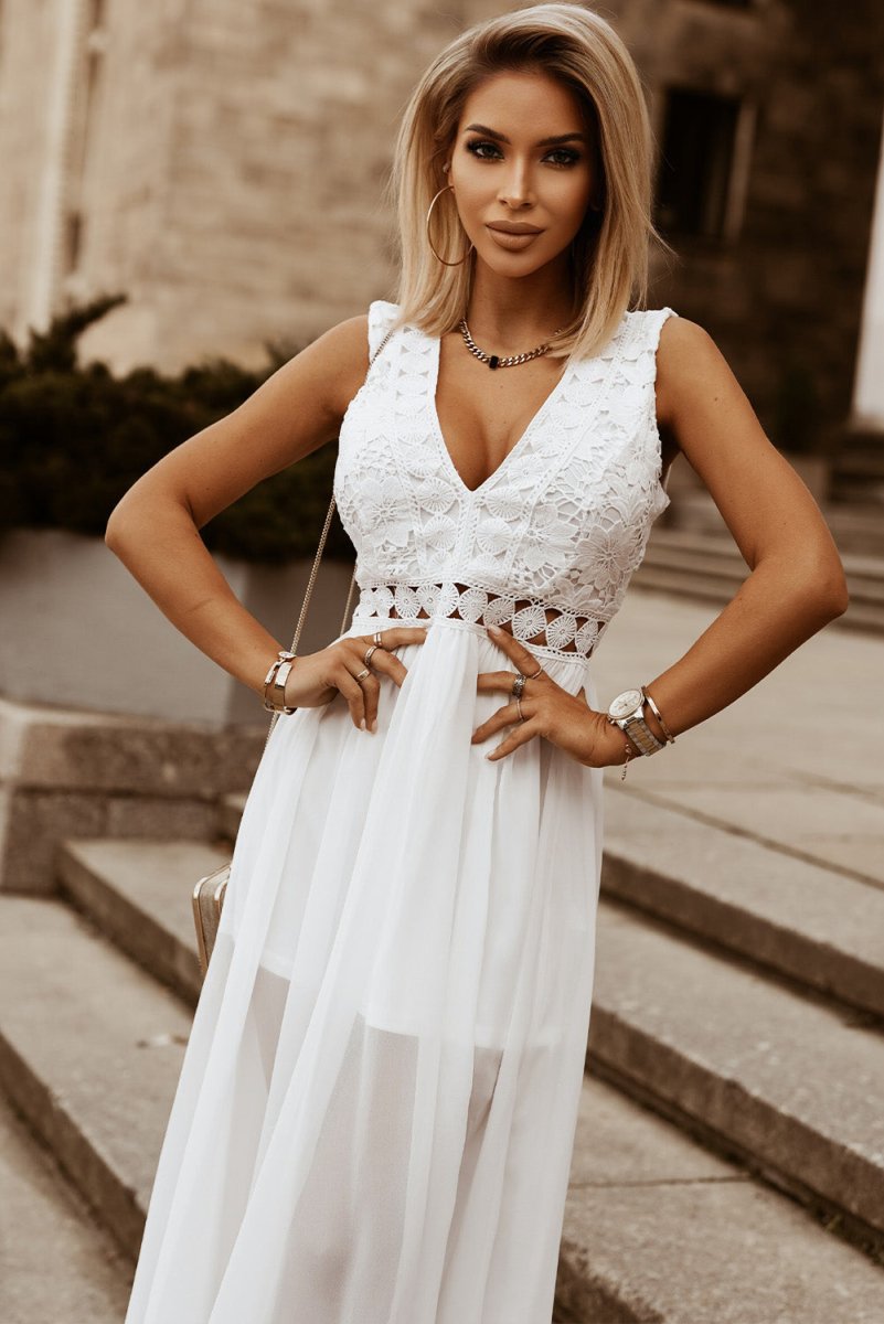 White Maxi Dress Slit Lace Detail V-Neck #Firefly Lane Boutique1