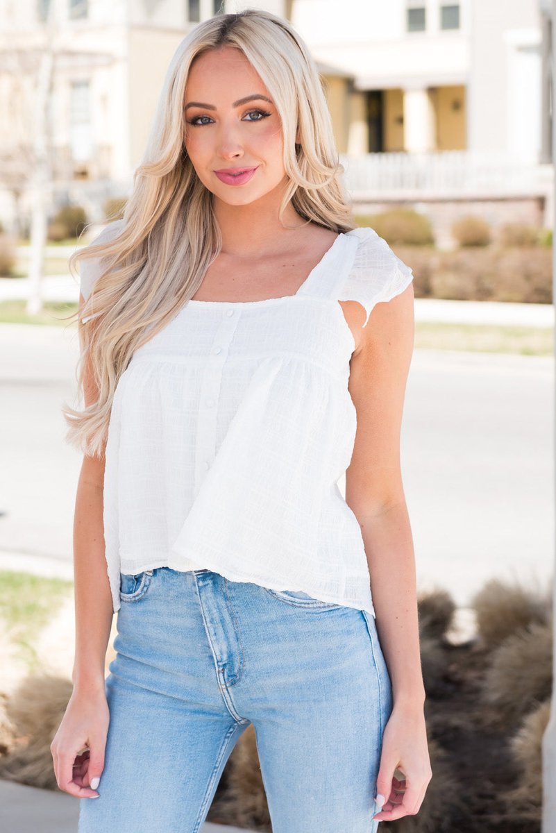 White Ruffle Tank Top with Wide Strap and Square Neck #Firefly Lane Boutique1