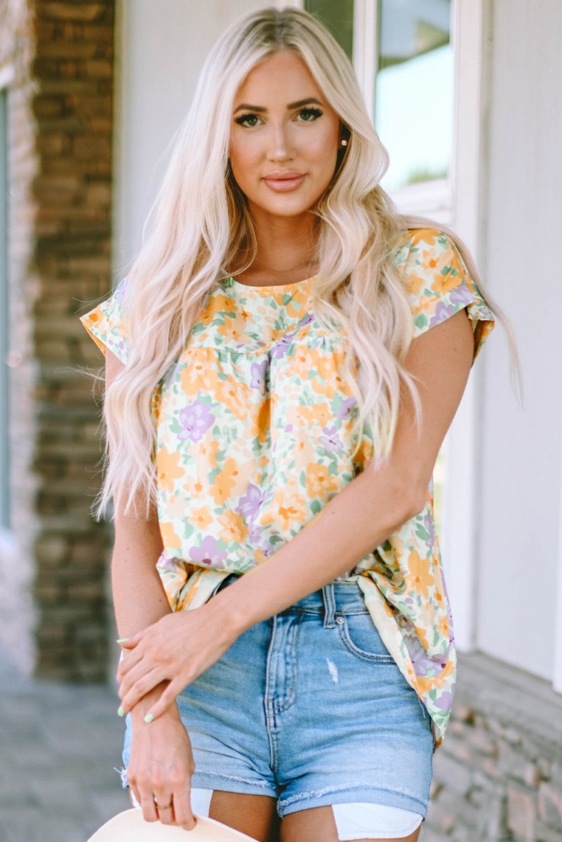 Yellow Floral Blouse with Capped Short Sleeve #Firefly Lane Boutique1