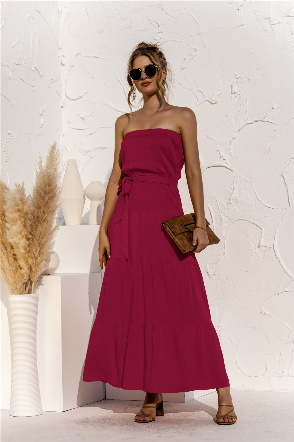 Don’t Mind Me Strapless Maxi Dress - red strapless maxi dress with top overlay, and tie waist. #Firefly Lane Boutique1