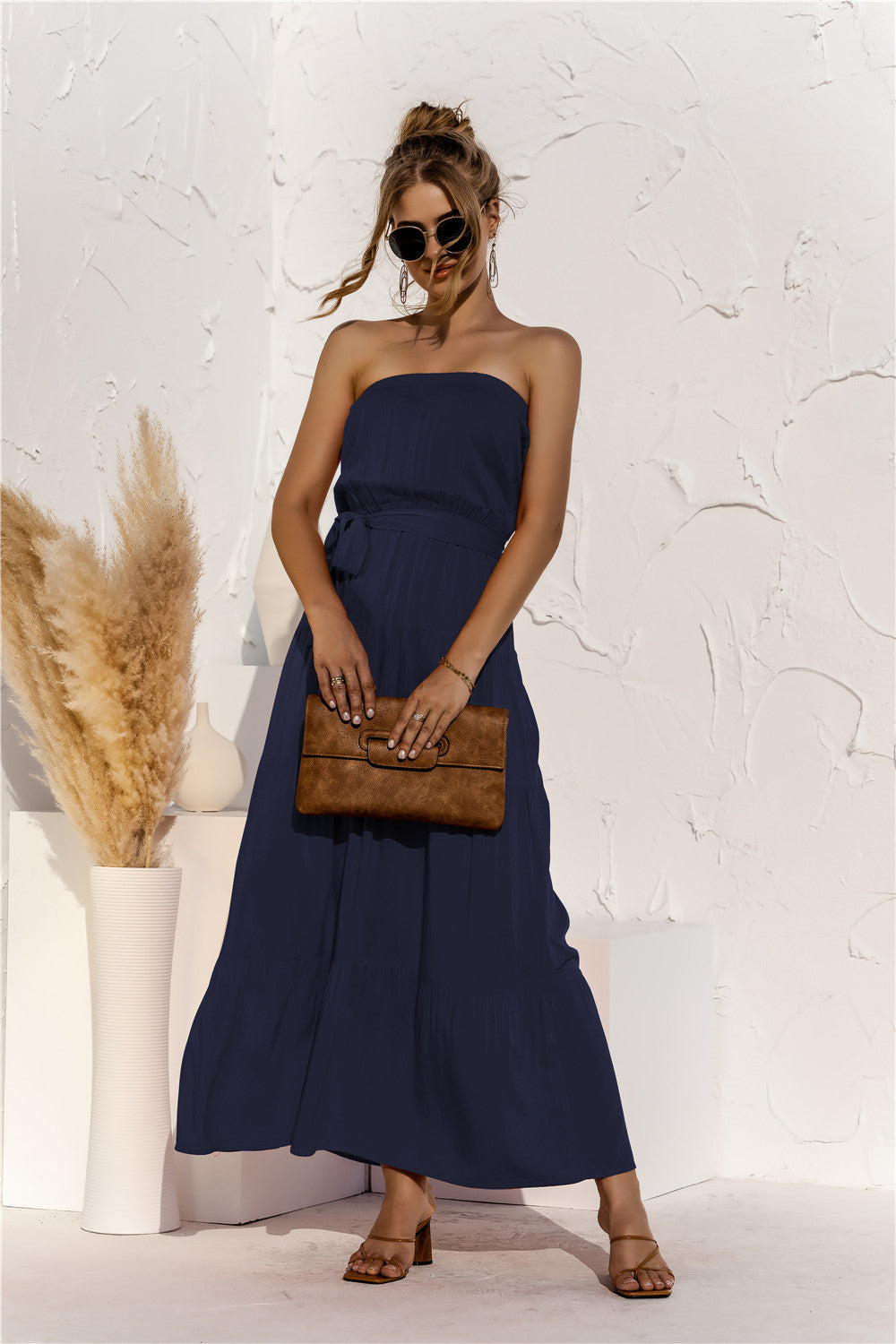 Don’t Mind Me Strapless Maxi Dress - navy blue strapless maxi dress with top overlay and tie waist. #Firefly Lane Boutique1