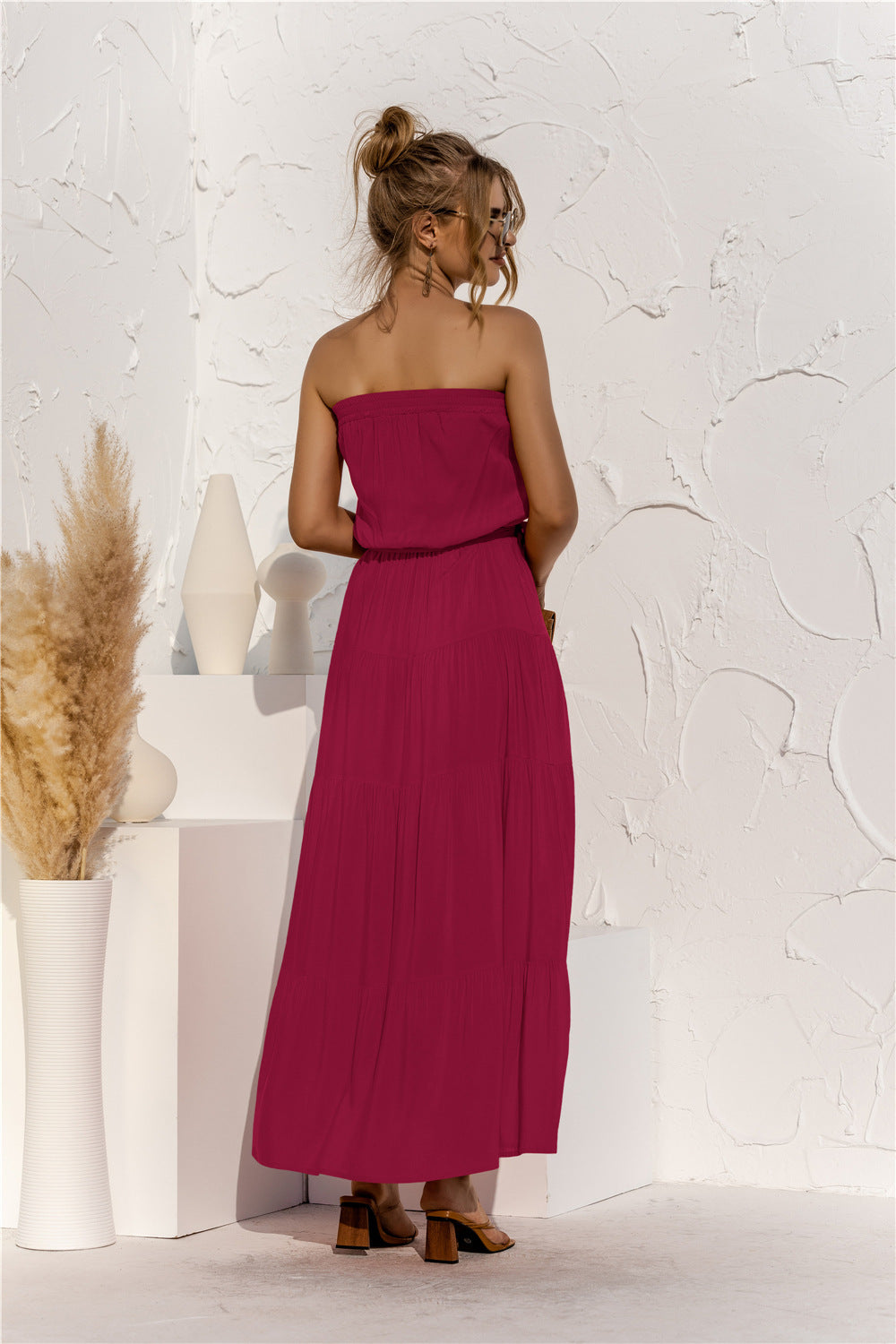 Don’t Mind Me Strapless Maxi Dress - red strapless maxi dress with top overlay, and tie waist. #Firefly Lane Boutique1