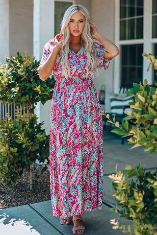 A Summer Story Multi-Color Maxi Dress - pink multicolored maxi dress with short sleeves #Firefly Lane Boutique1
