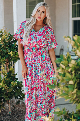 A Summer Story Multi-Color Maxi Dress - pink multicolored maxi dress with short sleeves #Firefly Lane Boutique1