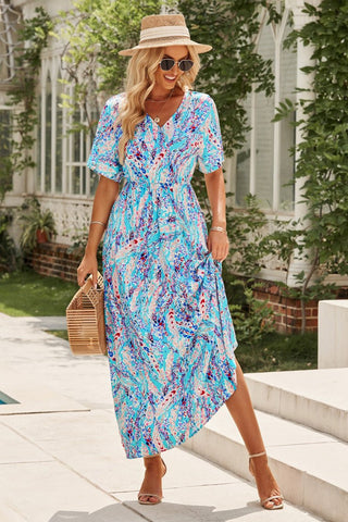 A Summer Story Multi-Color Maxi Dress - blue multicolored maxi dress with short sleeves #Firefly Lane Boutique1