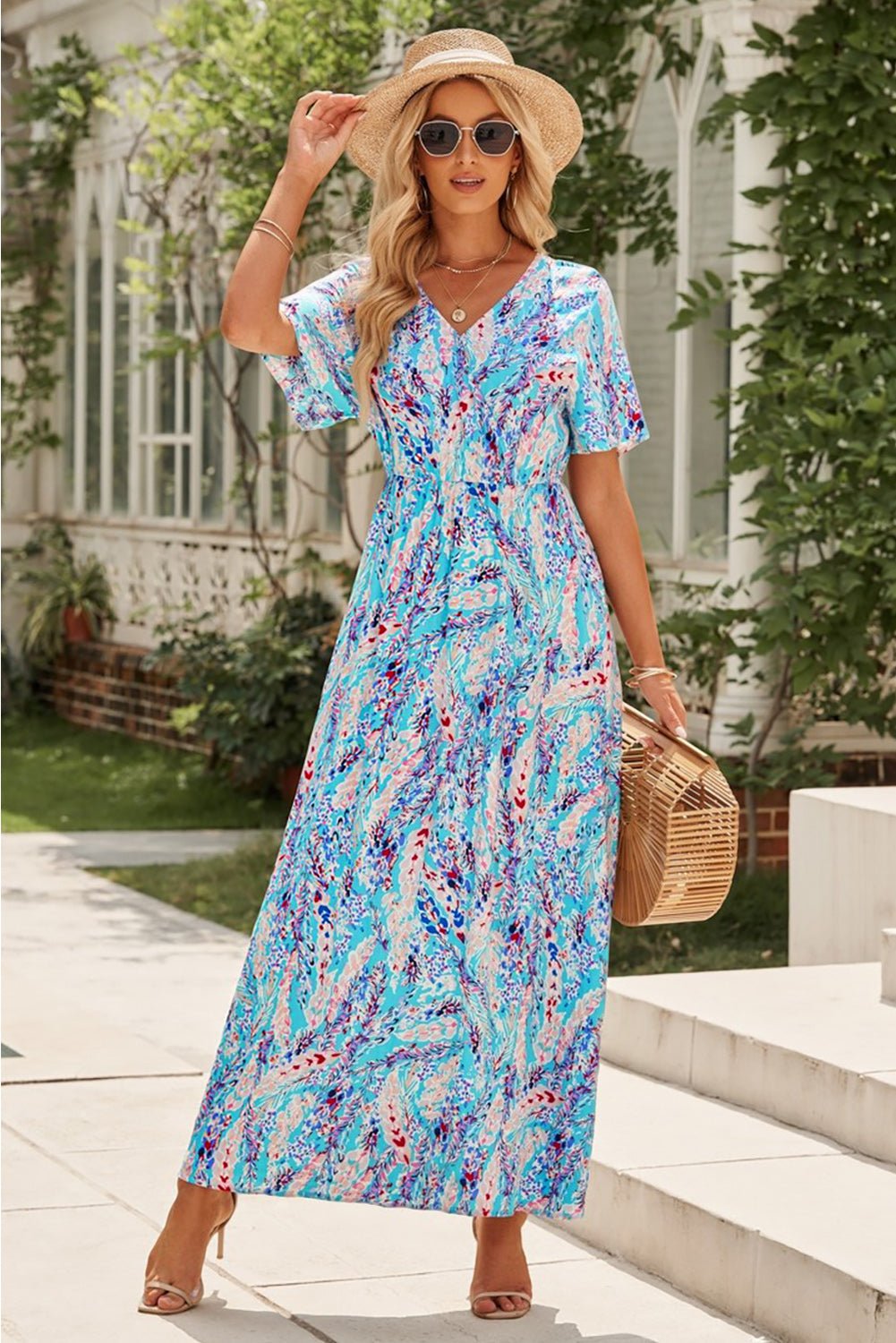 A Summer Story Multi-Color Maxi Dress - blue multicolored maxi dress with short sleeves #Firefly Lane Boutique1