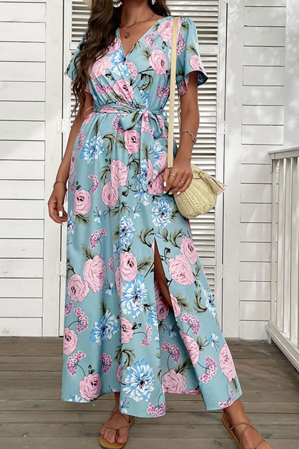 So Sweet Blue Floral Maxi Dress - blue and pink floral maxi dress with short sleeves, and tie waist. Firefly Lane Boutique1