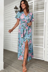 So Sweet Blue Floral Maxi Dress - blue and pink floral maxi dress with short sleeves, and tie waist. Firefly Lane Boutique1