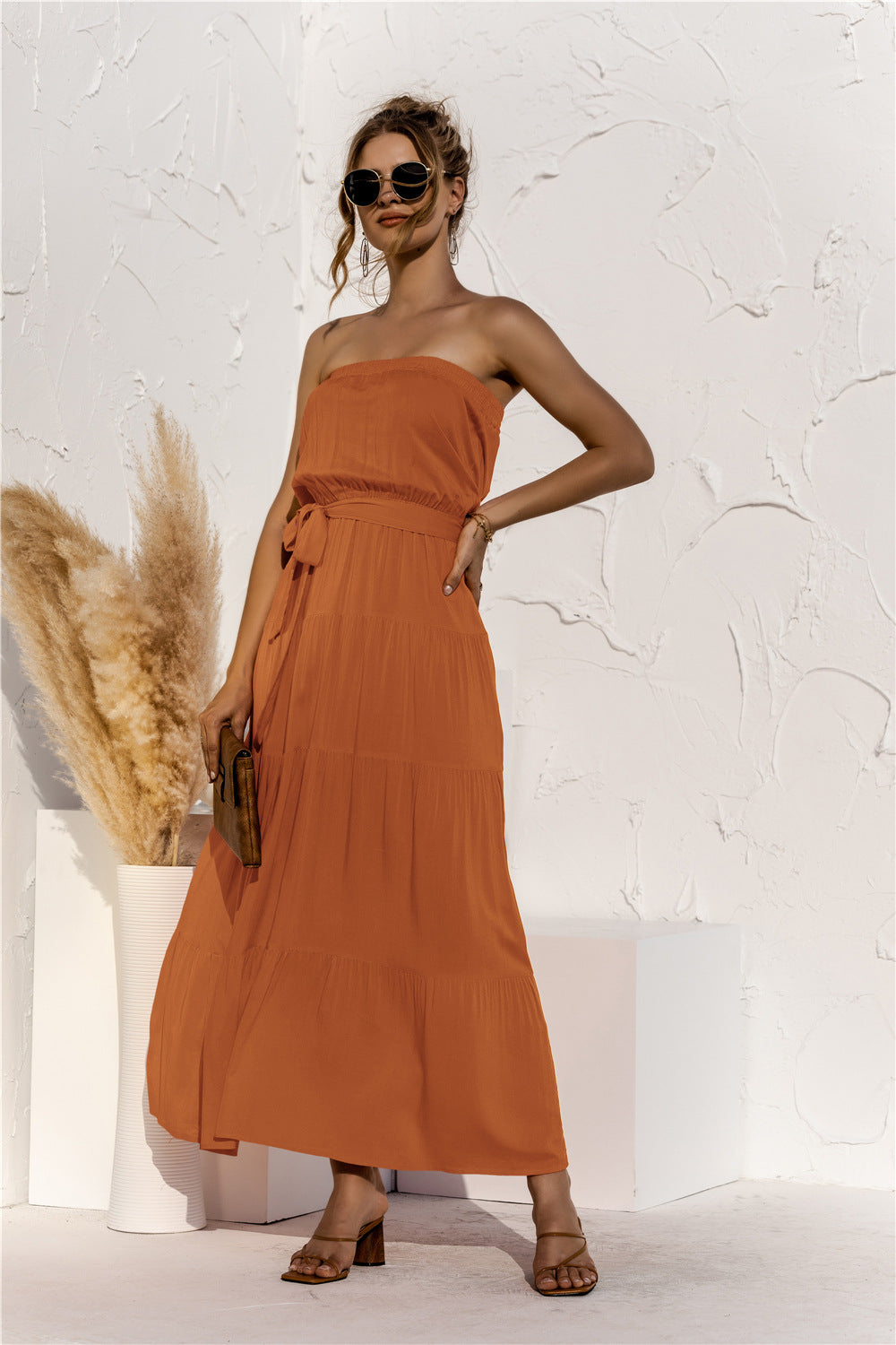 Don’t Mind Me Strapless Maxi Dress - orange strapless maxi dress with top overlay and tie waist. #Firefly Lane Boutique1