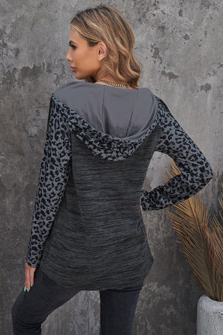 Black Leopard Print Hoodie - black color block hoodie with leopard print v-neck with button front #Firefly Lane Boutique1