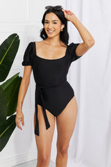 Charming Black One Piece Sexy Swimsuit - short puff sleeve one piece swim with a front tie detail. #Firefly Lane Boutique1