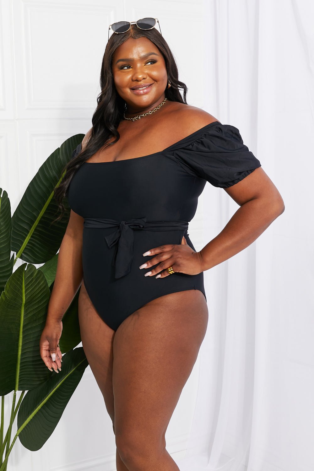 Charming Black One Piece Sexy Swimsuit - short puff sleeve one piece swim with a front tie detail. #Firefly Lane Boutique1