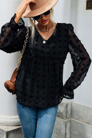 Black Swiss Dot Peplum Blouse for Women -Women’s long sleeve blouses#Firefly Lane Boutique1