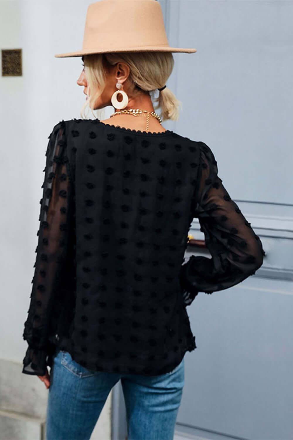 Black Swiss Dot Peplum Blouse for Women -Women’s long sleeve blouses#Firefly Lane Boutique1