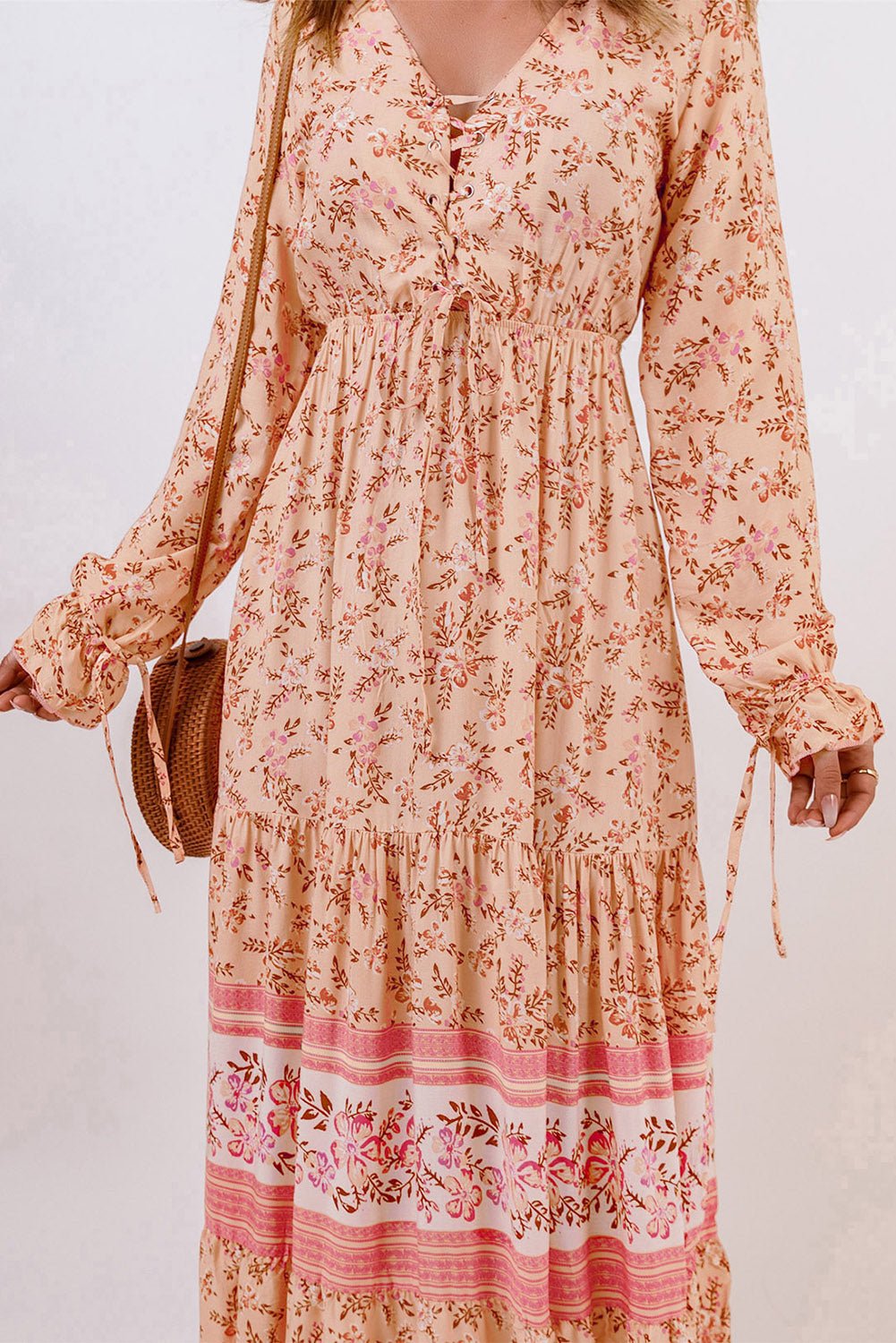 Bohemian Lace-Up Floral Maxi Dress V Neck - peach maxi dress with long sleeves and lace up front. #Firefly Lane Boutique1
