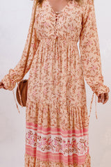Bohemian Lace-Up Floral Maxi Dress V Neck - peach maxi dress with long sleeves and lace up front. #Firefly Lane Boutique1