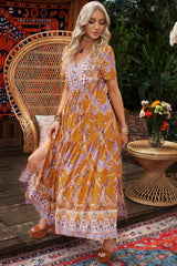 Aphrodite V Neck Boho Dress Maxi - orange bohemian dress with v neck, short sleeves and button detail #Firefly Lane Boutique1