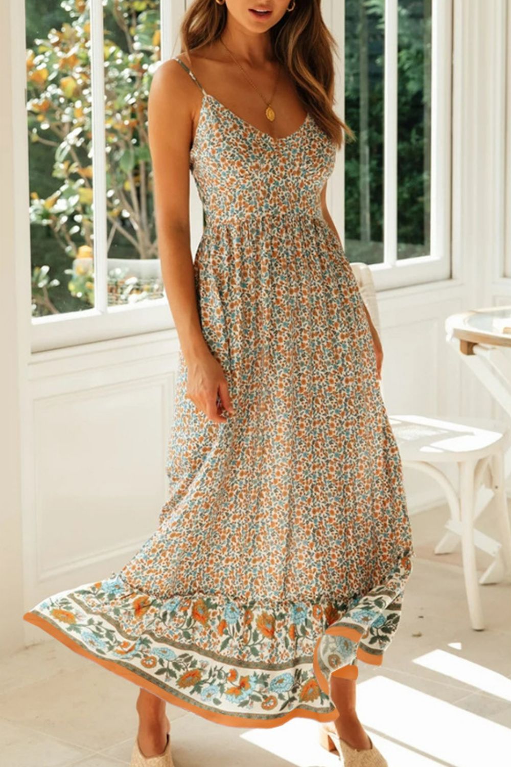 Bohemian Spaghetti Strap Summer Dress - cream maxi dress boho with floral print and a v neck.  #Firefly Lane Boutique1
