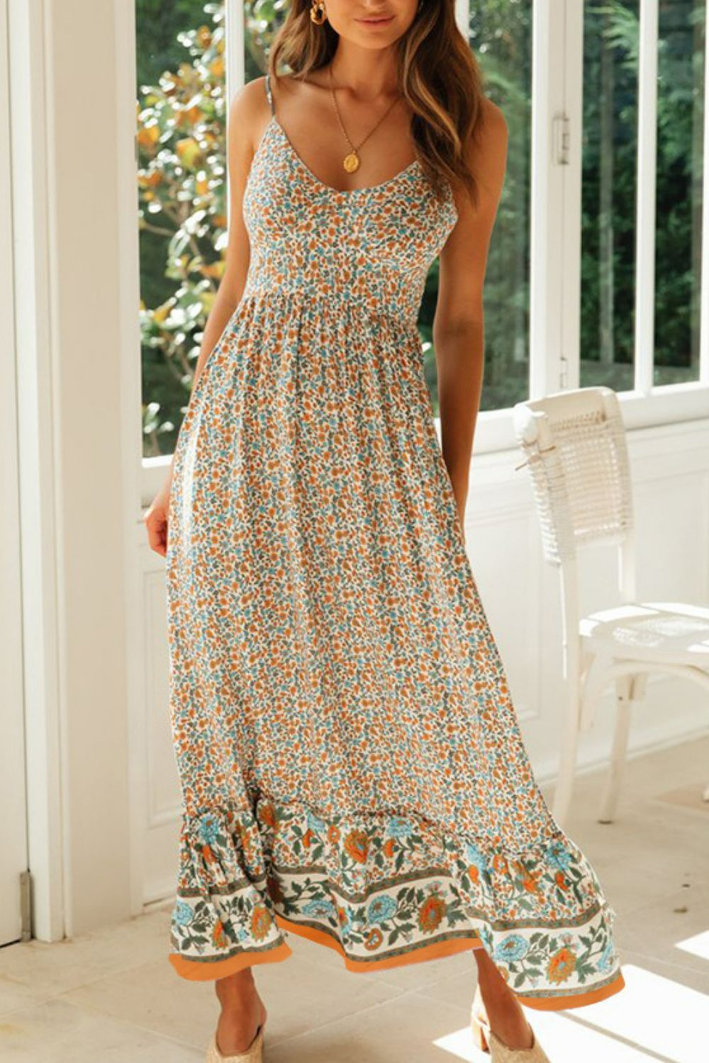 Bohemian Spaghetti Strap Summer Dress - cream maxi dress boho with floral print and a v neck.  #Firefly Lane Boutique1