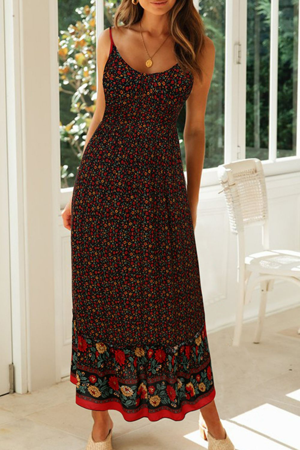 Bohemian Spaghetti Strap Summer Dress - black floral maxi dress with a v neck. #Firefly Lane Boutique1