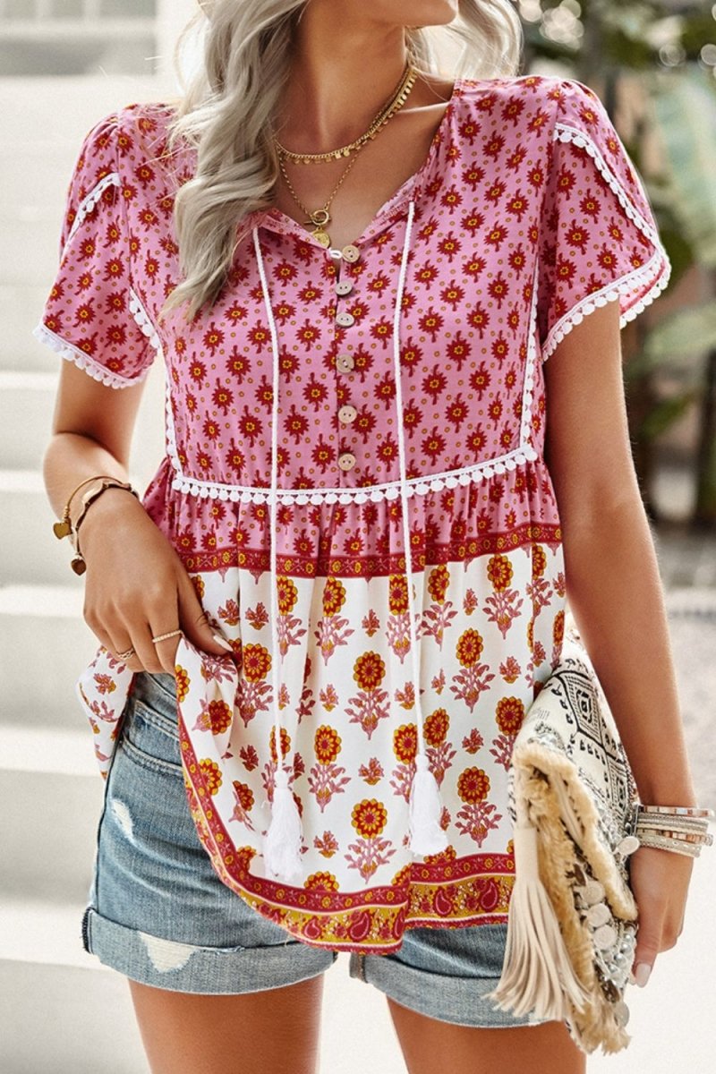 Bohemian Tie Neck Buttoned Blouse #Firefly Lane Boutique1