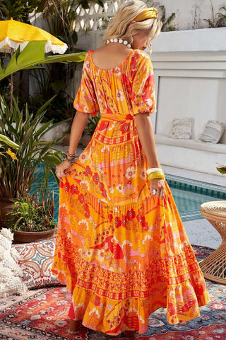 Harmonia Orange Floral Maxi Dress -bohemian orange dress with short sleeves, tie waist and tiered #Firefly Lane Boutique1