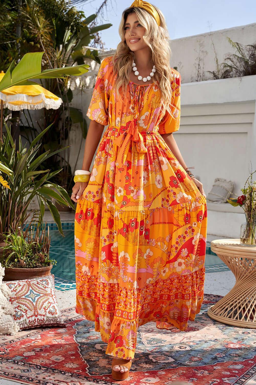 Harmonia Orange Floral Maxi Dress -bohemian orange dress with short sleeves, tie waist and tiered #Firefly Lane Boutique1