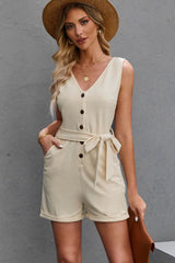 Button Front Belted Sleeveless Romper #Firefly Lane Boutique1